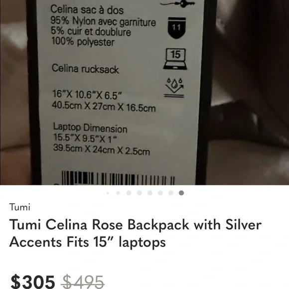 Tumi Celina Rose Backpack with Silver Details Fits 15” Labtop - Picture 9 of 9